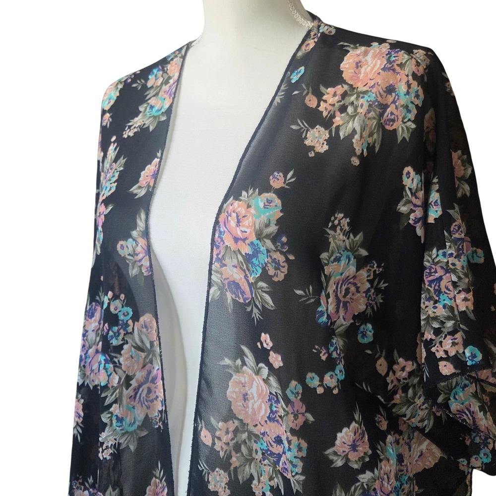 Dark Floral Chiffon Kimono Duster Large Boho Festival Whimsigoth Flowy Sheer